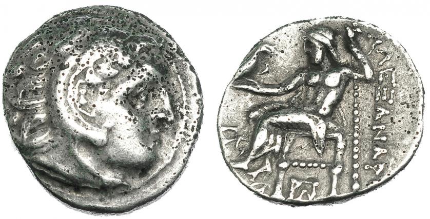 104   -  MACEDONIA. ALEJANDRO III. Colofón. Dracma. R/ Delante del trono monograma y delante S W. AR 4,18 g. PRC-1792. Erosiones en anv. MBC-/MBC.