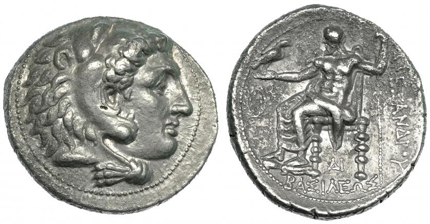 109   -  MACEDONIA. ALEJANDRO III. Tetradracma. Side (325-320 a.C.). R/ Delante del trono corona y debajo D I. AR 16,8 g. PRC-2949, Punzón en anv. y leves erosiones en rev. MBC+/MBC.