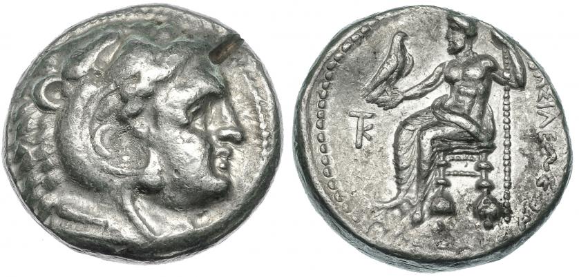 110   -  MACEDONIA. ALEJANDRO III. Tetradracma. Citium (c. 325-320 a.C.). R/ Delante del trono monograma KT y leyenda por debajo del trono poco visible. PRC-3106. MBC-/MBC+.