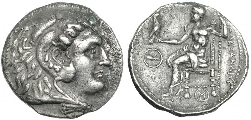 112   -  MACEDONIA. ALEJANDRO III (a nombre de). Tiro. Tetradracma (c. 310-295 a.C.). R/ Debajo del trono monograma, delante clava. AR 16,24 g. PRC-3559. Leves erosiones. MBC+.