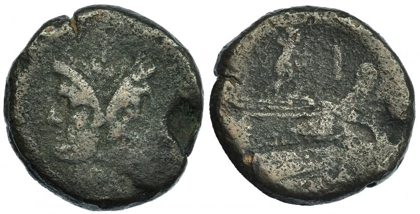 149   -  As. Italia central? (211-208 a.C.). R/ Encima de la proa Victoria? AE 32,44 g. Craw-61.2? Defecto de cospel. BC.