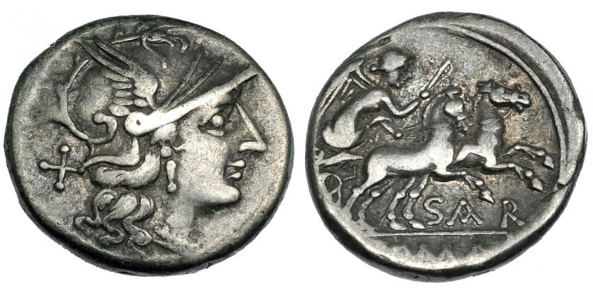 151   -  ATILIA. Denario. Roma (155 a.C.). R/ Debajo de la biga SAR. FFC-171. Craw-199.1a. SB-1. MBC.