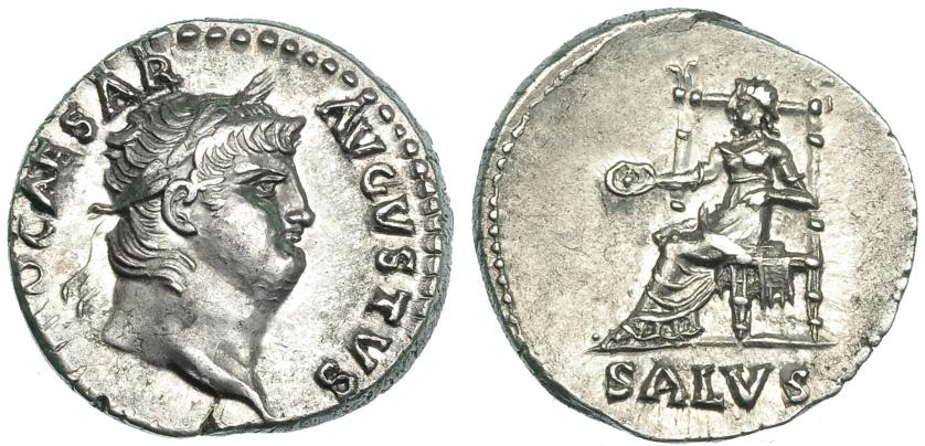 198   -  NERÓN. Denario. Roma (65-66 d.C.). A/ Cabeza laureada a der.; NERO CAESAR AVGVSTVS. R/ Salus entronizada a izq. con pátera. RIC-60. EBC.