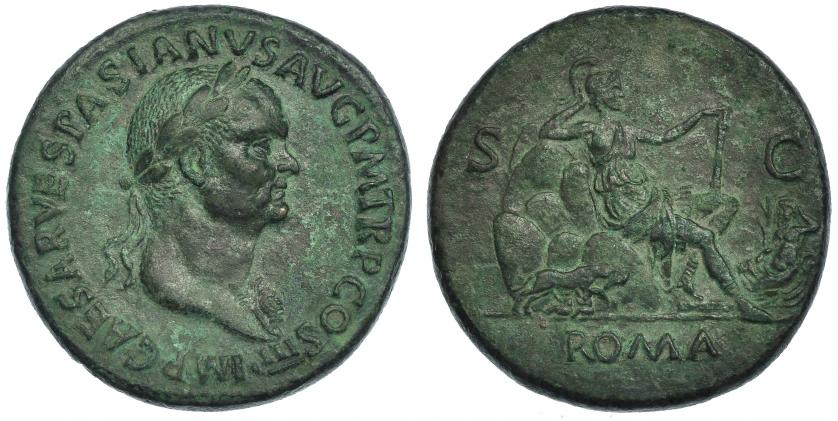 217   -  VESPASIANO. Sestercio. ¿Roma, Lugdunum, Tarraco? (71 d.C.). A/ Cabeza laureada y con égida a der; IMP CAESAR VESPASIANVS AVG. R/ Roma recostada sobre rocas a der. con parazonium; detrás las colinas de Roma, delante la loba con los gemelos y la personificación del Tíber. RIC-442.  Pátina verde. EBC-.