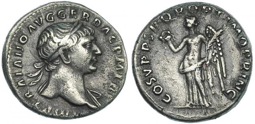 227   -  TRAJANO. Denario. Roma (103-111). R/ Victoria a izq.; COS V P P SPQR OPTIMO PRIN. RIC-128. MBC-.