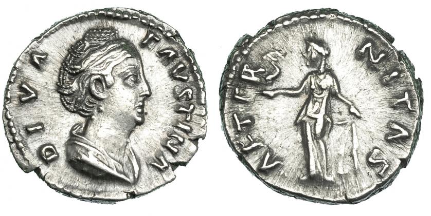 253   -  FAUSTINA LA MAYOR. Denario. Roma (post. 141). R/ Aeternitas a izq.; AETERNITAS. RIC-347. MBC+/MBC.