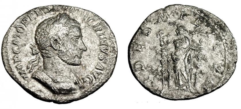 275   -  MACRINO. Denario. Roma (217-218). R/ Fides a izq. entre dos estandartes; FIDES MILITVM. RIC-68. Leves oxidaciones. BC+.