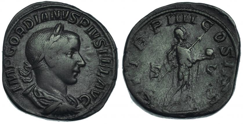 291   -  GORDIANO III. Sestercio. Roma (241-243). R/ Gordiano a der. con globo y lanza; P M TR P IIII COS II P P S-C. RIC-306a. MBC-. 