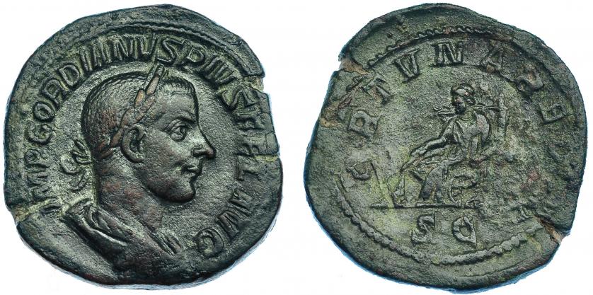 293   -  GORDIANO III. Sestercio. Roma (243-244). A/ Busto laureado y drapeado a der. R/ Fortuna sentada a izq. con timón y cornucopia; FORTVNA REDVX. RIC-331a. Pequeñas grietas. Pátina verde. MBC+/MBC-. 