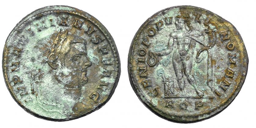 345   -  MAXIMIANO HERCÚLEO. Follis. Aquileia (299). R/ GENIO POPVLI ROMANI, exergo AQP. Pátina verde claro irregular. MBC+.