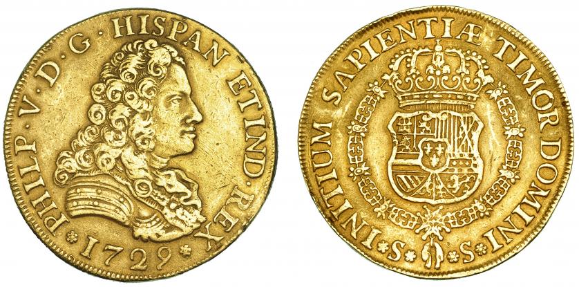 413   -  8 escudos. 1729. Sevilla. Ley. PHILP. VI-1786. Limaduras en canto. Pequeñas marcas. MBC.