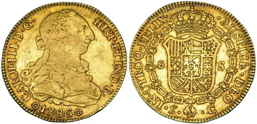 446   -  8 escudos. Sevilla C. 1786. VI-1781. MBC-/MBC.