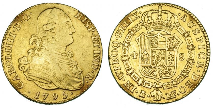 457   -  4 escudos. 1795. Madrid MF. VI-1198. Estuvo engarzada. MBC-/MBC.