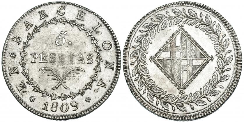 460   -  5 pesetas. 1809. Barcelona. VI-34. Leves rayitas de ajuste. MBC+/EBC.