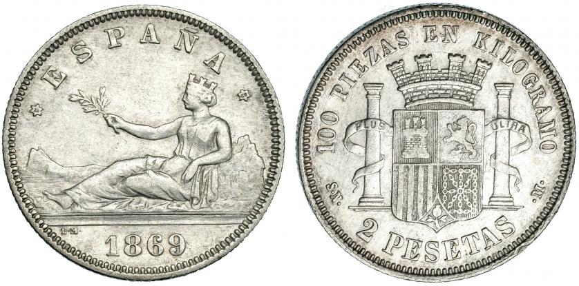 503   -  2 pesetas. 1869 *18-69. Madrid SNM. VII-16. MBC+/MBC.