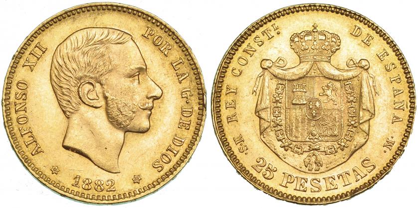 520   -  25 pesetas. 1882* 18-82. Madrid. MSM. VII-111. Pequeña rebaba en gráfila. EBC.