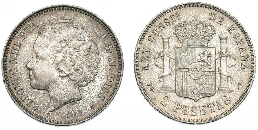 526   -  2 pesetas. 1894* 18-94. Madrid. PGV. VII-174. Pátina irregular. EBC-.