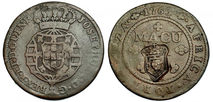 580   -  ANGOLA. Macuta. 1763. Con resello para circular por 2 macutas. Gomes-05.02. MBC-/MBC.