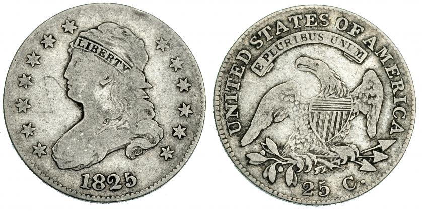 586   -  ESTADOS UNIDOS. 25 centavos. 1825. KM-44. Raya en anv. BC+/MBC-. Rara. 