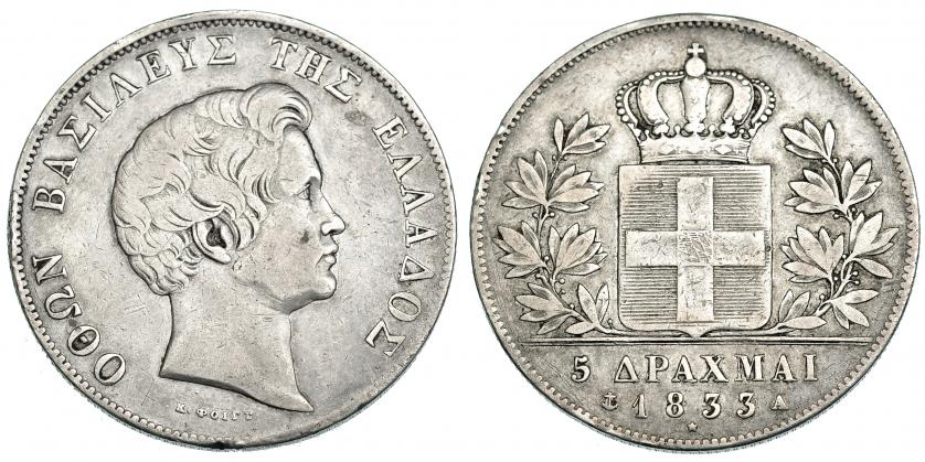 621   -  GRECIA. 5 dracmas. 1833 A. KM-20. Escasa. Golpecitos en canto. MBC. Escasa.