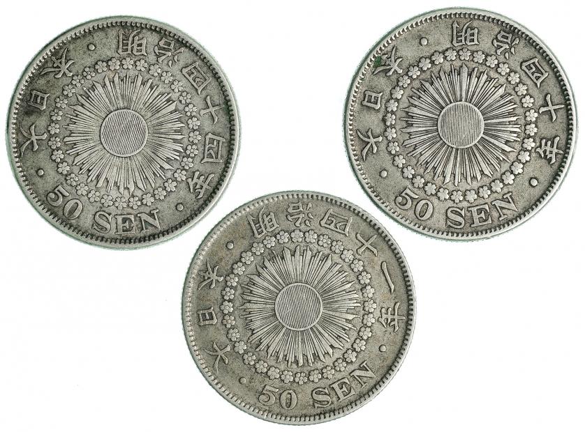 635   -  JAPÓN. Lote 3 monedas de 50 sen Mutsuhito, diferentes. KM-25. MBC.