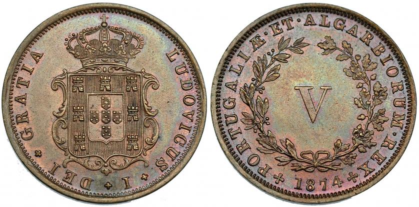 642   -  PORTUGAL. V 5 reis. 1874. Gomes-02.06. R.B.O. EBC+.