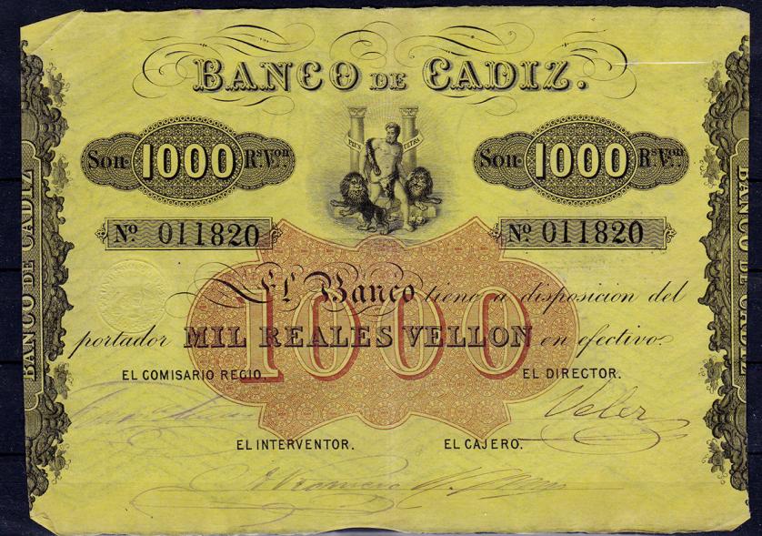 664   -  BANCO DE CÁDIZ. 1000 reales de vellón. Sin fecha. III emisión. ED-A77. EBC-. 