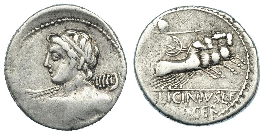 111   -  LICINIA. Denario. Roma (84 a.C.). R/ C. LICINIVS L. F./ MACER. CRAW-354.1. FFC-803. Leves vanos. MBC-.