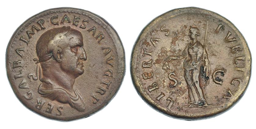 156   -  GALBA. Sestercio. Roma (68-69 d.C.). A/ Cabeza laureada y drapeada a der.; alrededor ley. interna SER GALBA IMP CAESAR AVG TR P. R/ Libertas a izq. con pileus y vara; en campo S-C; alrededor interna LIBERTAS PVBLICA. RIC-237 (vte. ley. anv.). Leves erosiones en rev. Pátina marrón. MBC. Rara.