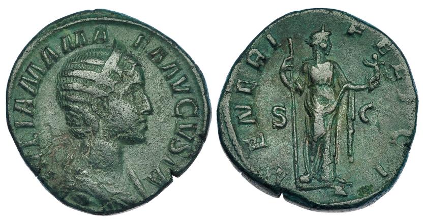 190   -  JULIA MAMEA. Sestercio. Roma. R/ Venus a der. con Cupido y cetro. VENERI FELICI. RIC-694. Pátina verde. Erosionada en anv. MBC-/MBC.