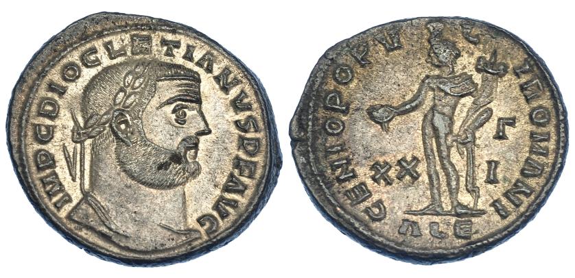 210   -  DIOCLECIANO. Follis. Alejandría (301). R/ GENIO POPVLI ROMANI; en campo XX-G (gamma)/I, exergo ALE. RIC-32a. P.O. EBC+.