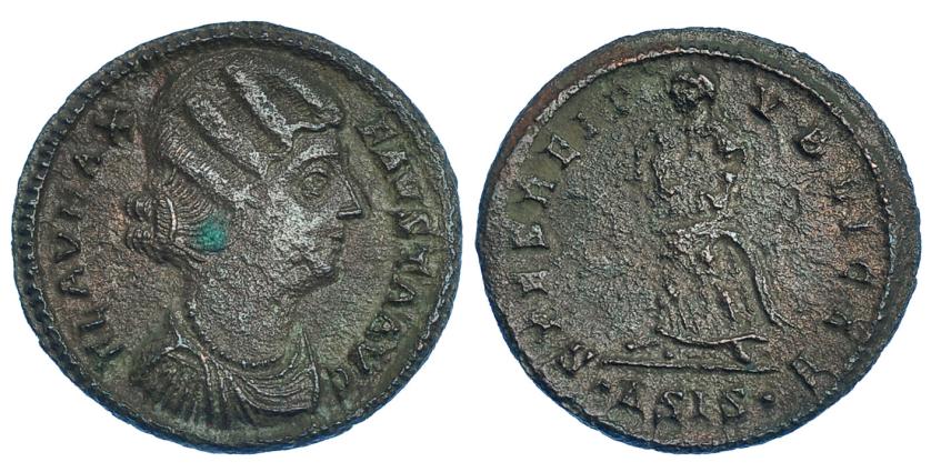 214   -  FAUSTA. Esposa de Constantino II. AE-3. Siscia. R/ Spes a izq.; SPES REIPVBLICAE, marca de ceca .ASIS. . RIC-205. Punto de óxido. Porosidades. MBC/BC+. 