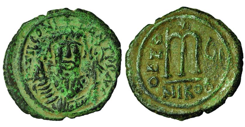 234   -  TIBERIO II CONSTANTINO. Follis. Nicomedia. Año reinal 6 (580-1). Oficina B. SBB-441. DOC-30b. Leves oxidaciones. MBC-.