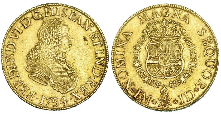 308   -  8 escudos. 1754. Lima. JD. VI-586. Dos hojitas en anv. MBC.