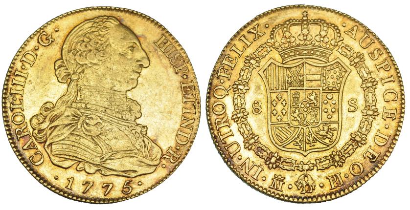 317   -  8 escudos. 1775. Madrid. PJ. VI-1622. Finísimas rayitas. EBC-.