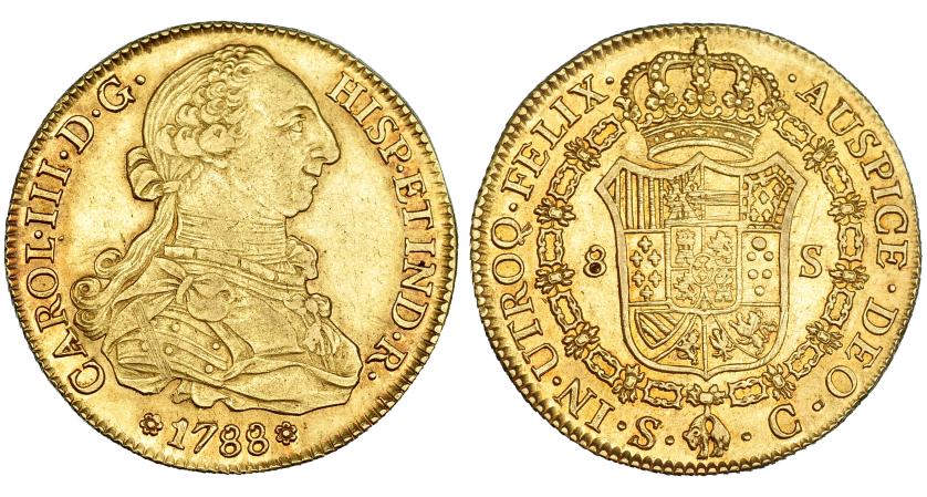 319   -  8 escudos. 1788. Sevilla. C. VI-1783. Rayitas en anv. y rayitas de ajuste en rev. R.B.O. MBC+. Escasa.