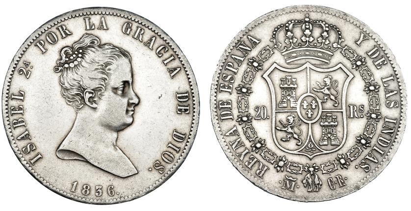 350   -  20 reales. 1836. Madrid. CR. VI-497. Limpiada. MBC+/EBC-.