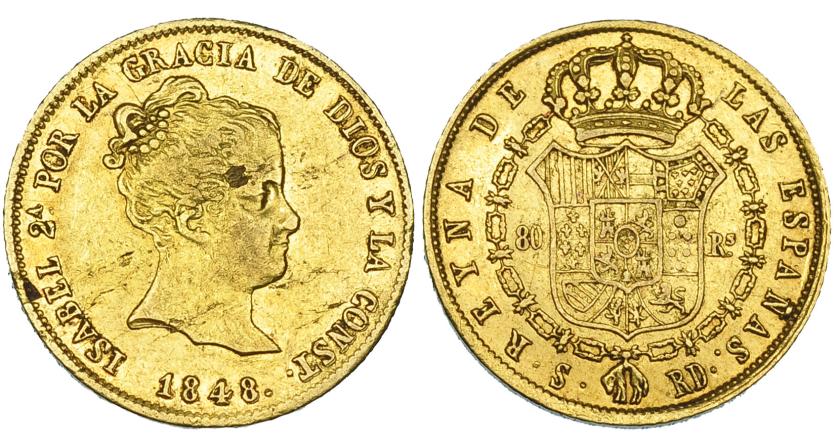 357   -  80 reales. 1848. Sevilla. RD. VI-622. Hojitas en anv. MBC. Muy rara.