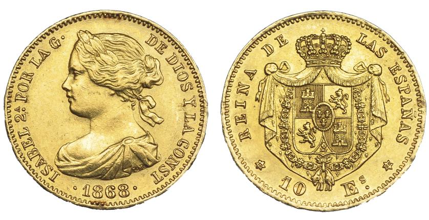 359   -  10 escudos. 1868 *18-68. Madrid. VI-668. Golpecitos en canto. Limpiada. EBC-.