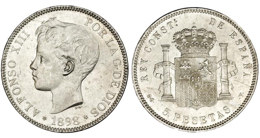 379   -  5 pesetas. 1898 *18-98. Madrid. SGV. VII-190. Dos flores de lis incusas en anv. (una en el pelo y otra en campo detrás del cuello). Pequeñas rayitas. B.O. EBC+. 