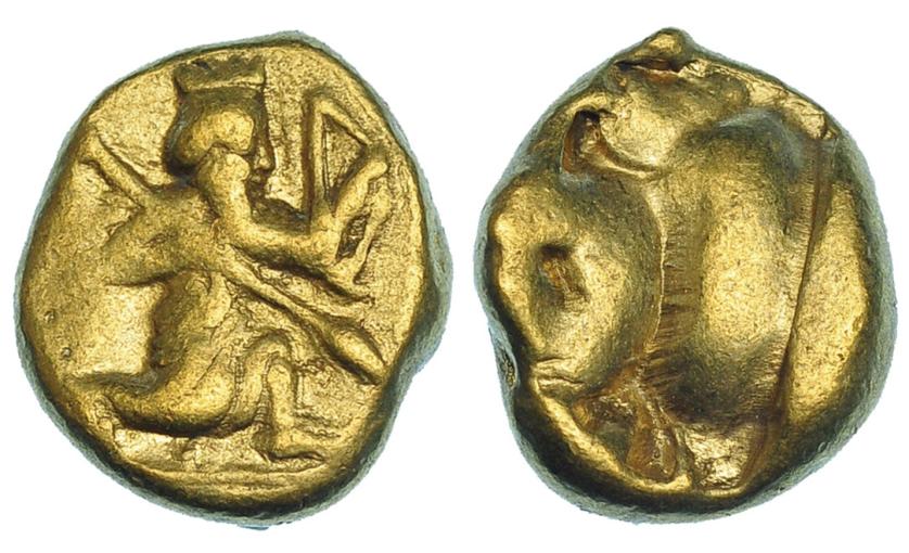 77   -  PERSIA. Reyes Aqueménidas (Darío I a Jerjes II). Dárico (485-420). A/ Rey persa o héroe arrodillado a der. con lanza y arco. R/ Punzón incuso. AU 8,35 g. COP-274-277. SBG-4679. MBC-.