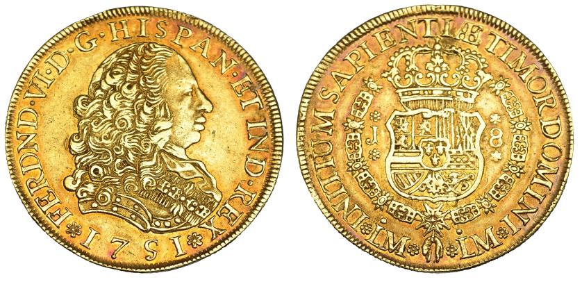 525   -  8 escudos. 1751. Lima. J. VI-583. Golpecito en canto. Pátina rojiza. MBC.