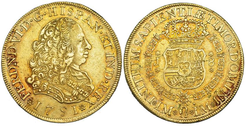 526   -  8 escudos. 1751. Lima. J. VI-583. Pequeñas marcas. R.B.O. MBC.