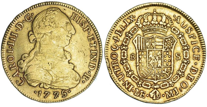 537   -  8 escudos. 1775. Lima. MJ. VI-1602. Golpes en canto y pequeñas marcas. MBC-/MBC.