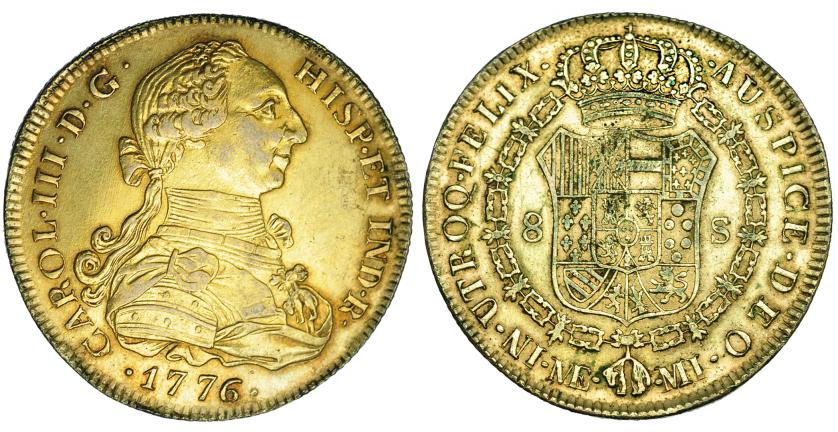 538   -  8 escudos. 1776. Lima. MI. Falsa de época en platino dorado. 27,1 g. Barrera-358. MBC+.