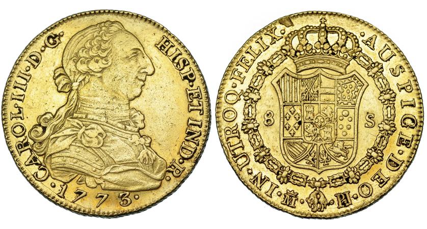 539   -  8 escudos. 1773. Madrid. PJ. VI-1620. Hojita en rev. a las 11 h. MBC+.