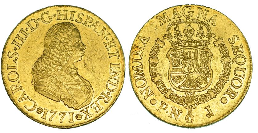 541   -  8 escudos. 1771. Popayán. J. VI-1709. Pequeñas limaduras en la gráfila del anv. a las 9 h. Pequeñas marcas. R.B.O. MBC+. Muy escasa.