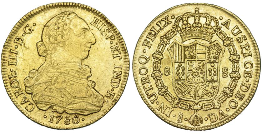 545   -  8 escudos. 1780. Santiago. DO. VI-1763. Hojita y pequeñas marcas en anv. MBC+.