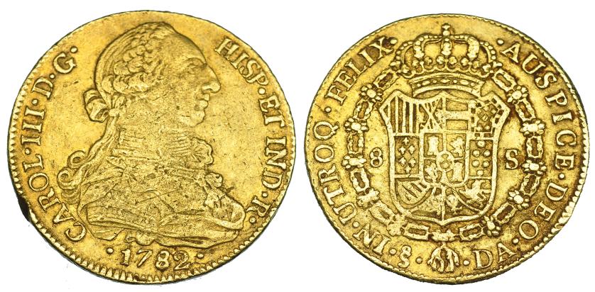 546   -  8 escudos. 1782. Santiago. DA. VI-1765. Golpe en canto a las 8 h. MBC-.