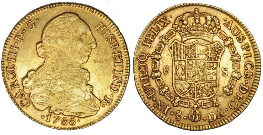 547   -  8 escudos. 1788. Santiago. DA. VI-1771. Rayitas de ajuste en rev. Hojitas sin saltar en anv. Pátna rojiza. MBC-/MBC.